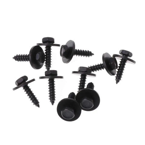 Pro Grade 10 Piece Badass Heavy Duty Self Tapping Screws Featuring Captive Loose Washers And Snappy 8Mm Hex Head Bolts For Wood And Steel At 4.8X19 Mm Lengths Coated In Sleek Matte Black, showing various screws.