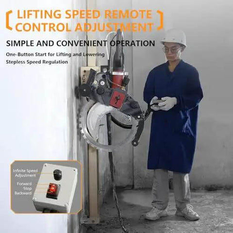 No Sweat 150W Circular Saw Guide Rail Kit With Adjustable Cutting Depth And One Touch Lift in use with remote control.