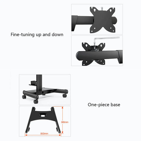 Heavy Duty Six Monitor Rolling Cart With Silent Glide Wheels And Adjustable Display Arms showing fine-tuning mechanism and one-piece base design.