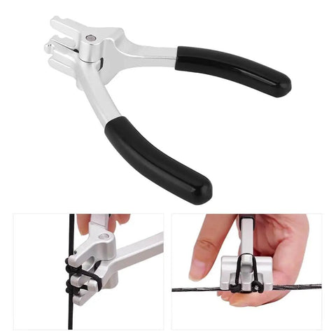 Archery D Loop Pliers For Compound Bow D Ring Install Tool Aluminum Anti Rust Durable Gear For Precise Stringing And Bow Setup With Easy Grip And Long Lasting Performance in use, close-up view, demonstrating D loop setup on compound bow.