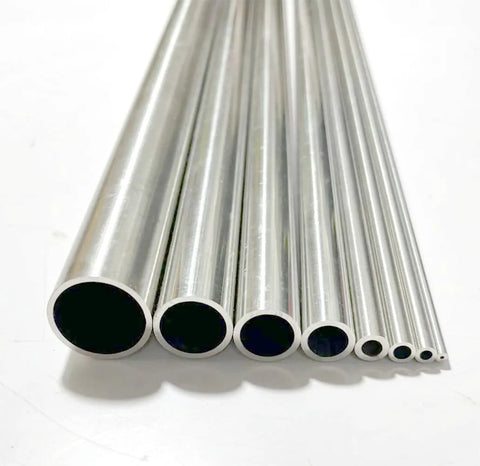 304 stainless steel hollow round tubes in varying diameters, 16 inches long.