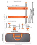 Drawer Slide Jig With Toggle Clamp And Magnetic Arm, Precision Cabinet Drawer Jig Tool laid out with storage bag and measurements.