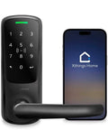 Smart Lock With Built In WiFi And NFC 5 In 1 Keyless Entry Door Lock With Touch Keypad App Control Smart Handle Lock next to smartphone