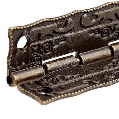 Close-up of Antique Bronze Iron Hinge Set 36x23mm 10 Pieces Vintage Flower Pattern Decorative Hardware for Furniture Zinc Finish