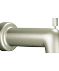 Side view of Six Inch Tub Diverter Spout In Brushed Nickel 1/2 IPS, Durable Bath Fixture For Ultra Smooth Shower Conversion