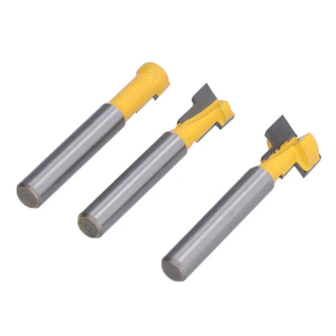 Pro Keyhole Router Bits Set 3 Pcs 1/4 Inch Shank T Slot Milling Cutters made from durable carbon steel and alloy blades.
