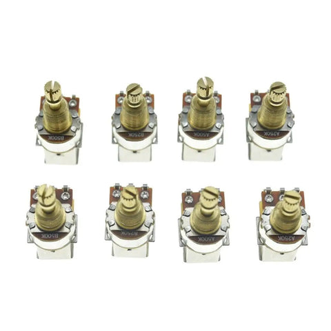 Eight Full Brass Shaft Push Push Pot For Guitar And Bass With Audio Taper Potentiometer A250K 16mm Shaft And USA Thread displayed.