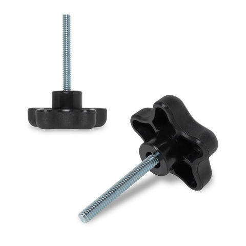 PowerTEC 1/4-20 thumb screw knob with 2-inch threaded stud, black four-lobed star knob shown in front and angled views
