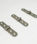 Built Tough 180 Degree Foldable Hinge Set For Furniture And Marine Cabins, metal silver finish, three hinges on display