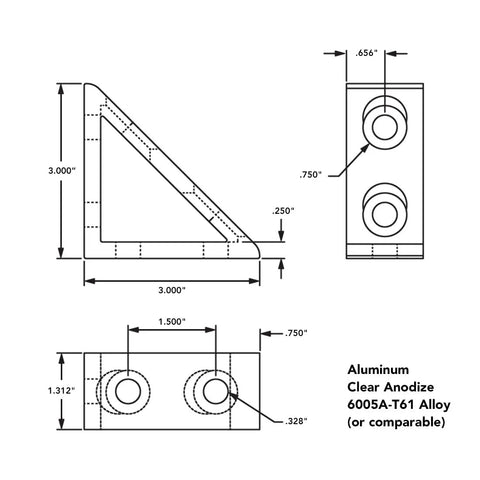Technical drawing of Heavy Duty 90 Degree Aluminum Inside Corner Gusset L Bracket for 80 20 Extrusion 15 Series.