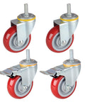 F Screw Steering Wheel Brake Wheel Combination Four Piece Caster Set For Trolleys And Machines, Industrial Casters With Red 3 Inch Wheels