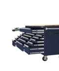 Badass 72 Inch Wide Mobile Workbench Tool Chest With Solid Wood Top Integrated Power Strip And 18 Hella Spacious Drawers For Rock Solid Gloss Blue Garage Storage showing multiple drawers open.