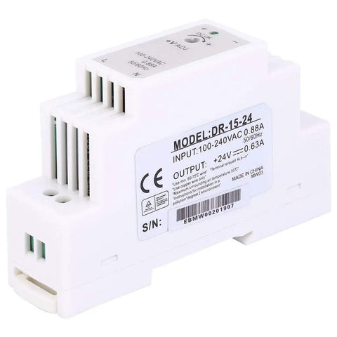 Slick Compact Din Rail Switching Power Supply delivering reliable 24V DC output at 15W and 0.63A, designed for tight control cabinets.
