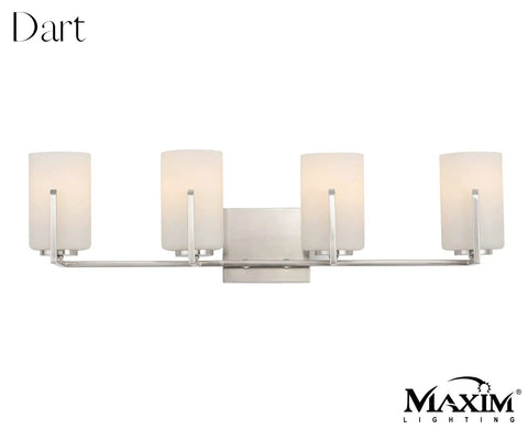Dart 4 Light Bath Vanity Fixture In Satin Nickel Steel Finish With Satin White Glass Shades Modern Indoor Light For Bathrooms And Powder Rooms Sleek Contemporary Home Lighting That Pops