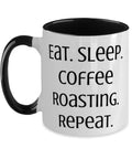 Two Tone Ceramic Coffee Mug 11 Oz Microwave Safe Dishwasher Ready Gift For Roasters Crushing Their Morning Grind And Serving Big Bean Energy Every Single Day While Keeping The Kitchen Fresh with black handle and text design.