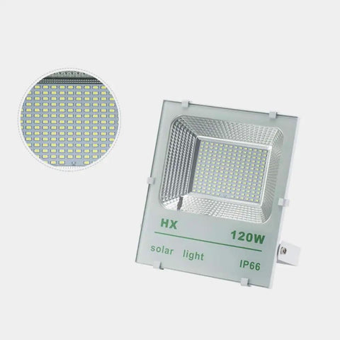 Rugged 120W Solar Flood Light Featuring 194 Killer Bright LED Chips IP66 Rated Waterproof Outdoor security spotlight, close-up view.