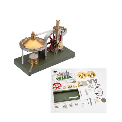 Build Your Own Badass Vertical Steam Engine Model Kit With A Transparent Cylinder Piston And Flywheel Power System Using Full Metal STEM Educational Parts And Rock Solid Spherical Boiler Design For Real Weekend Engineering Joy, featuring assembled engine and parts.