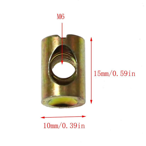 Close-up of 12 Pcs M6 Pozidriv Slotted Barrel Nuts Cross Dowels And Hammer Nuts For Furniture Building M6 15mm showing measurements