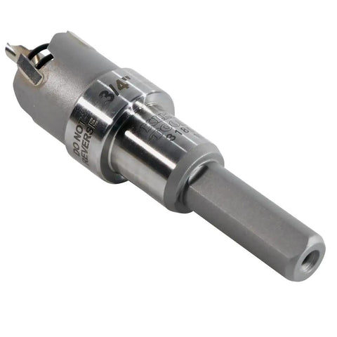 Heavy Duty 3 4 Inch Carbide Hole Cutter Rips Through Metal Sheets Like Hot Butter Cuts Crisp Holes In Stainless Steel Iron Copper Brass Up To 3 16 Thick Shop Grade Power Tool Bit, close-up view of cutting head.