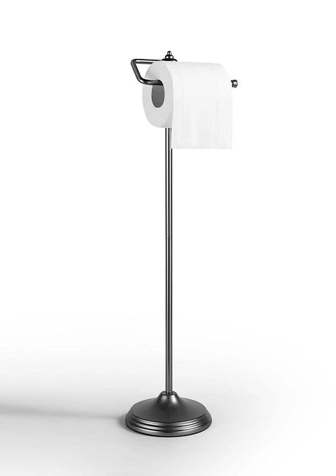 Free Standing Toilet Paper Roll Holder With Reserve Storage, Portable Floor Stand, Black Nickel Finish, single roll visible.