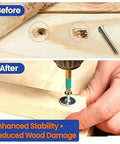 Before and after using 304 Stainless Steel Flat Washers Set 105 Pcs Assortment M2 To M10, showing increased stability and reduced wood damage