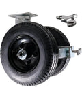 Heavy Duty 16 Inch Dual Wheel Swivel Pneumatic Caster With Black Rubber Wheels And Tapered Bearings, Bolt On Swivel Lock And Face Contact Brake.