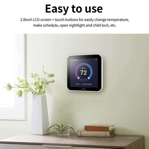 4 Inch Full Touch Screen Smart WiFi Thermostat TJ-560 With App Control Energy Saving Easy Install shown on wall in living room