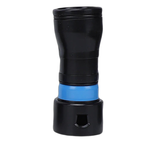 7Pcs Vacuum Hose Expansion Adapters With Dustcollection Quick Connectors And 360 Rotating Clip For 1-1-4 Inch Hoses side view of black adapter with blue section for vacuum connection.
