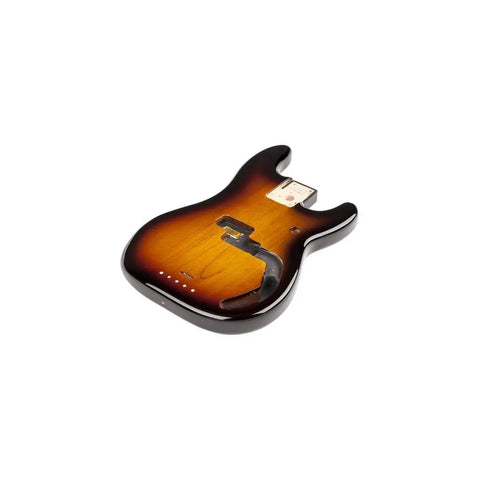 Precision Bass Style Alder Body With Gloss Polyester Finish For Split Single Coil Pickup Routing No Pickguard Mounting Holes Five Screw Vintage Style Bridge Mount Four Bolt Neck Pocket Brown Sunburst Upgrade For DIY Bass Guitar, angled view