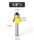 Heavy Duty Roundover Edging Router Bit Set With Quarter Inch Shank And Eighth Radius Round Nose Profiles, showing detailed dimensions.