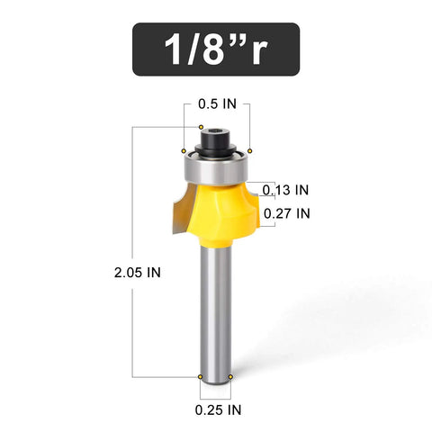 Heavy Duty Roundover Edging Router Bit Set With Quarter Inch Shank And Eighth Radius Round Nose Profiles, showing detailed dimensions.