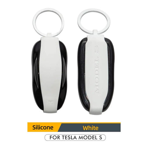 Slick Silicone Key Fob Guard And Heavy Duty Keyring Designed For Tesla Model S Owners To Block Daily Wear Scratches While Keeping Ride Keys Looking Fresh In Clean White.