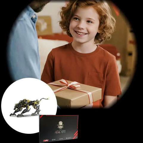 Child receiving gift with a 3-D Metal Cheetah Model Building Kit For Adults, Steampunk Leopard Challenge inset image