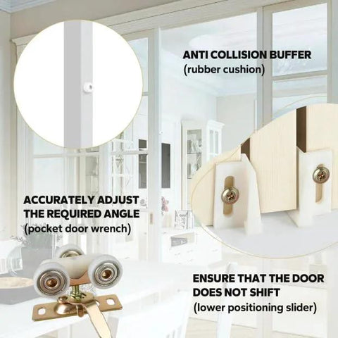 Pocket Door Roller Replacement Kit With Nylon Encapsulated Ball Bearing Wheels For 1125 And Upgrades 1500 Hardware Kit Three Wheel Pulley System Top Mounted Hangers Quiet Smooth Sliding 1 Inch Wheels 220 Pound Capacity installation diagram