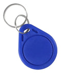 Blue NFC key fob compatible with NFC Reader Module Kit V3 For Arduino And Raspberry Pi, shown with metal key ring attached.