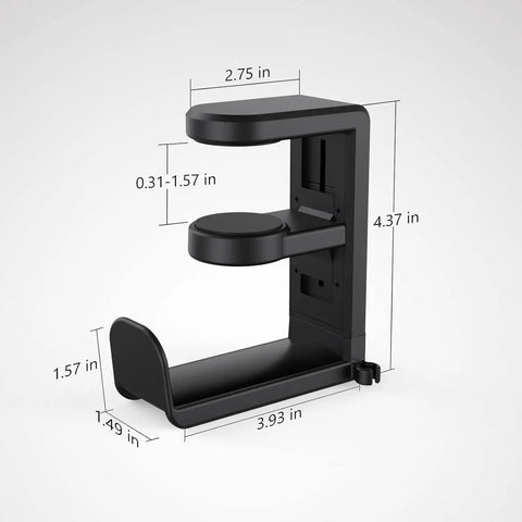 Rotating Headphone Stand For PC Gaming Headsets, under-desk clamp, black plastic, 0.31-1.57 in desk thickness