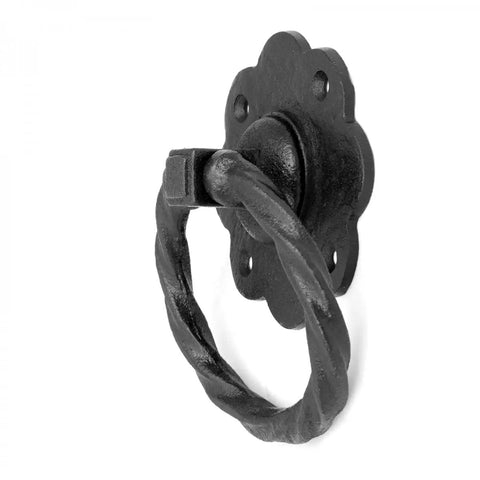 Kickstart Your Home Decor Game With This Straight Up Solid Black Wrought Iron Cabinet Handle Featuring Antique Flower Roped Detail And Rust Resistant Finish For Zero Stress Updates, detailed view of twisted ring.