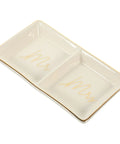 Totally Cute Ceramic Jewelry Tray With Twin Grid Sections And Glossy Gold Trim Decorative Trinket Catch All Dish showing Mr Mrs design.