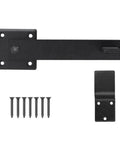 Heavy Duty Double Gate Latch For Sliding Barn Doors With Self Drilling Screws, black metal latch and screws for secure installation.