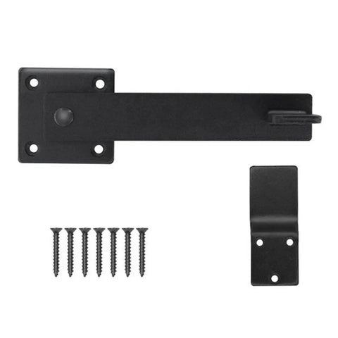 Heavy Duty Double Gate Latch For Sliding Barn Doors With Self Drilling Screws, black metal latch and screws for secure installation.