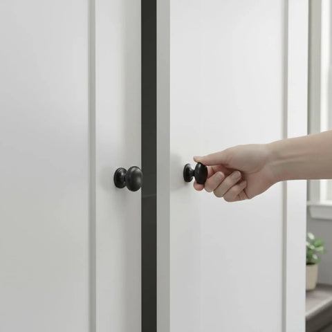 Hand opening door with Matte Black Large Bifold Closet Door Knobs Four Pack With Renovation Ready Wide Base Zinc Round Kitchen Wardrobe Dresser.