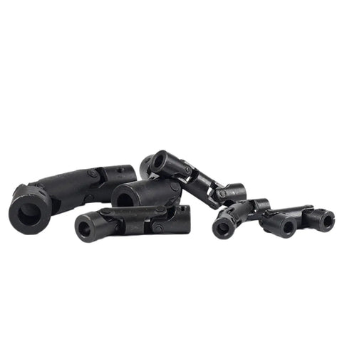 Solid Three Section Cross Universal Joint Coupler That Runs Incredibly Slick And Handles Heavy Workloads While Snugly Fitting 14 15 16 18 20 Or 22Mm Shafts For Fast Swap Ups, showing six black couplers.