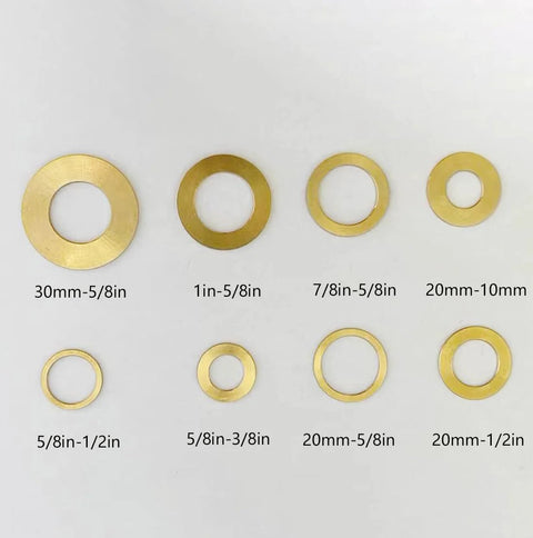 Brass saw blade bushing washer set, 8 pcs, sizes 1in-5/8in, 1.5mm thick