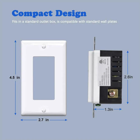 White USB Wall Outlet With Night Light And Manual Switch, Tamper Resistant Usb C And Type A Ports, Real Sweet Deal For Modern Kitchens, Straight Up Essential Home Renovation Gear, 50 Pack dimensions labeled.