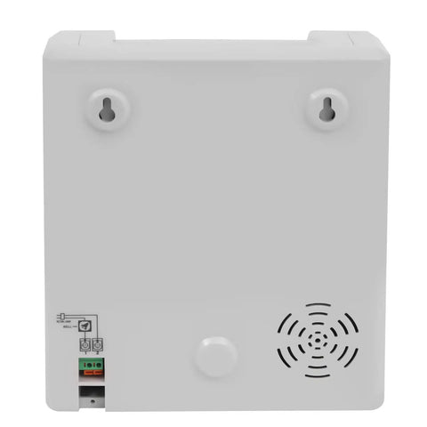 Back view of Heavy Duty Electronic Punch Time Clock For Small Business Crews Offering Hassle Free Auto Aligning Card Feeder And Keyed Security Lock Includes Fifty Trackers Plus Master Control Key showing keyhole and speaker grille.