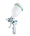 Heavy Duty Pneumatic Paint Sprayer Kit With 1.3mm Nozzle And Advanced Fifteen Hole Atomizing Tip For Flawless Car And Truck Aerograph Work Knockout Finish Guaranteed Top Shelf Quality Everyday showing a silver auto spray gun with a white paint cup.