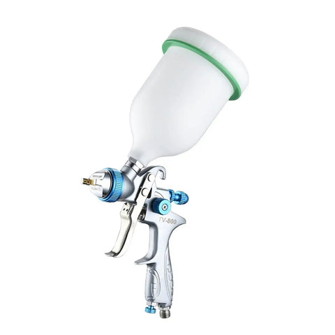 Heavy Duty Pneumatic Paint Sprayer Kit With 1.3mm Nozzle And Advanced Fifteen Hole Atomizing Tip For Flawless Car And Truck Aerograph Work Knockout Finish Guaranteed Top Shelf Quality Everyday showing a silver auto spray gun with a white paint cup.