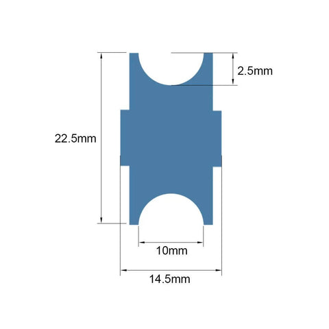 T22 V Groove Ball Bearing dimensions illustration 22.5mm height, 14.5mm width, designed for shafts under twelve mm.