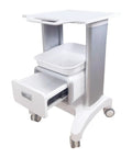 Straight Up Perfect Beauty Salon Cart Featuring Smooth Rolling Trolley Pull Out Drawer And Roomy Top Tray For Cosmetics Sleek Glossy Finish Compact Upright Layout, mobile salon cart with drawers and tray.