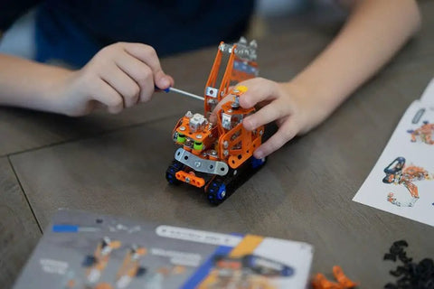 Rugged Metal Erector Set Build Kit For Adults And Teens, 389-Piece STEM Toy To Build A Robot Or Excavator, Dope Educational Engineering Craft For Advanced Kids And Hobbyists, metal robot build with child assembling